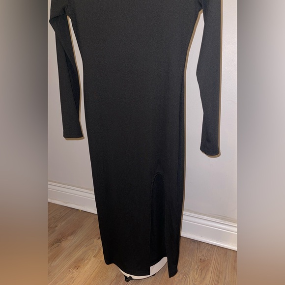 Black Long Sleeve Square Neck Split Thigh Fitted Bodycon Midi Dress - Picture 7 of 10
